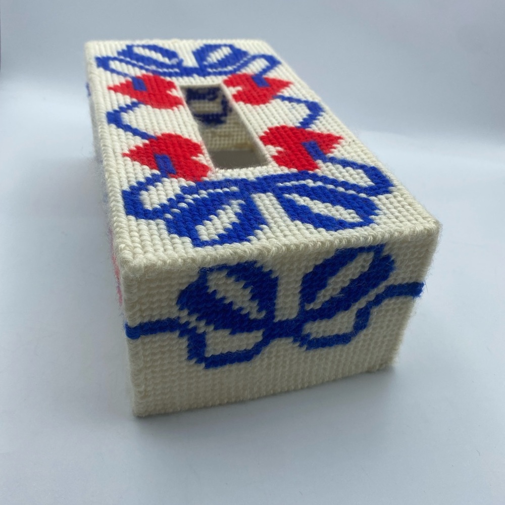 Retro handmade Tissue Box Topper in Red, White, and Blue.